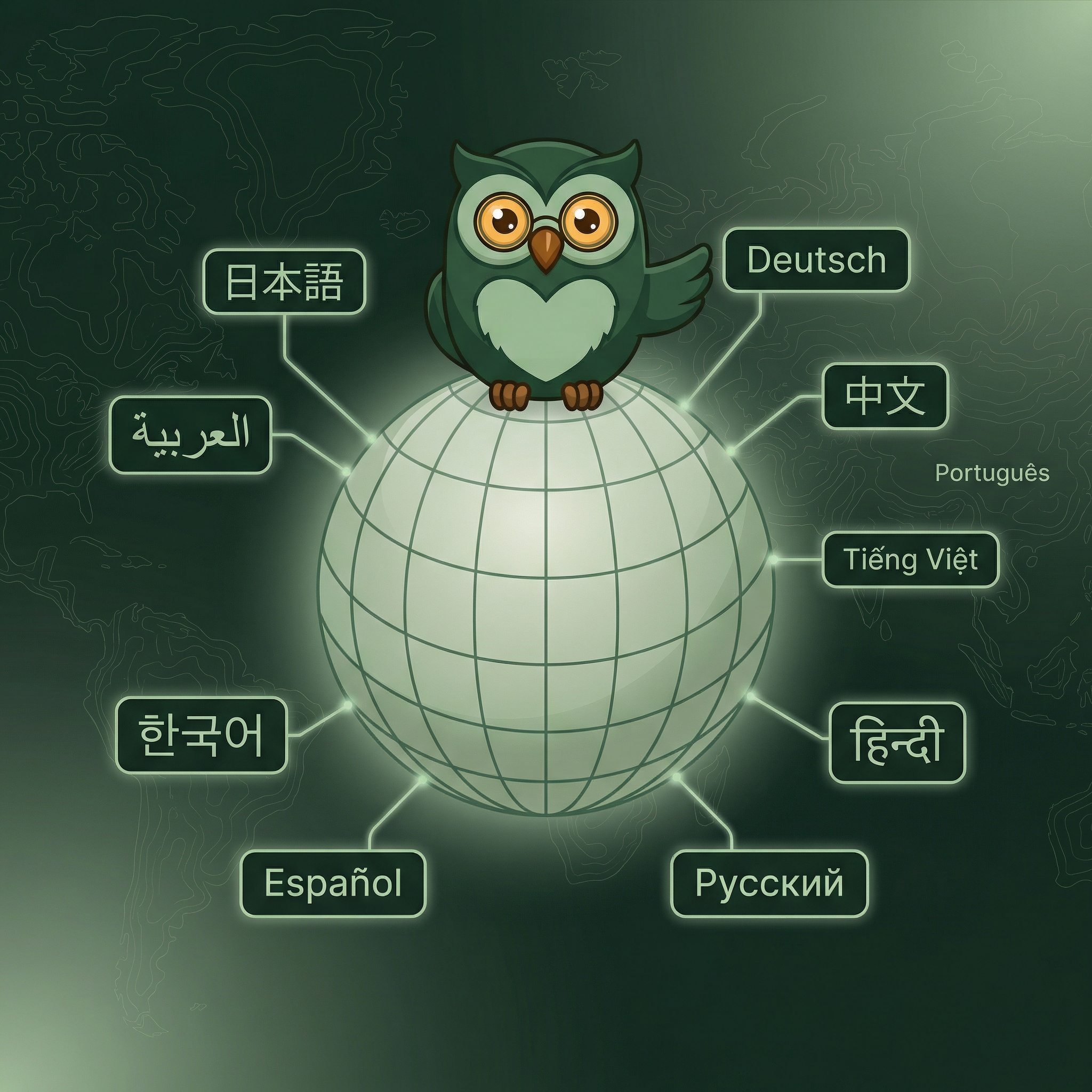 Veiseule owl on a globe surrounded by language names